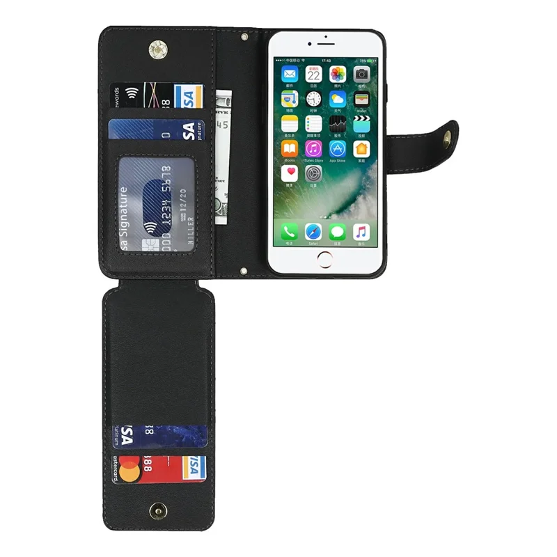 Ständer Hülle für iPhone SE (2022) / (2020) / 8 / 7 PU-Leder Handyhülle mit Trageband / Reißverschluss Geldbörse / Mehrere Kartenfächer - Schwarz