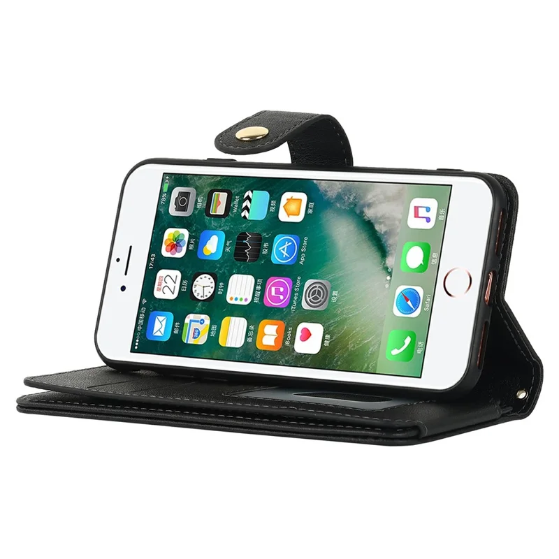 Ständer Hülle für iPhone SE (2022) / (2020) / 8 / 7 PU-Leder Handyhülle mit Trageband / Reißverschluss Geldbörse / Mehrere Kartenfächer - Schwarz