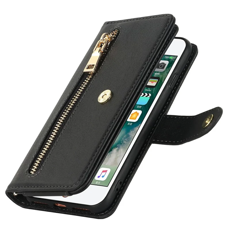 Ständer Hülle für iPhone SE (2022) / (2020) / 8 / 7 PU-Leder Handyhülle mit Trageband / Reißverschluss Geldbörse / Mehrere Kartenfächer - Schwarz