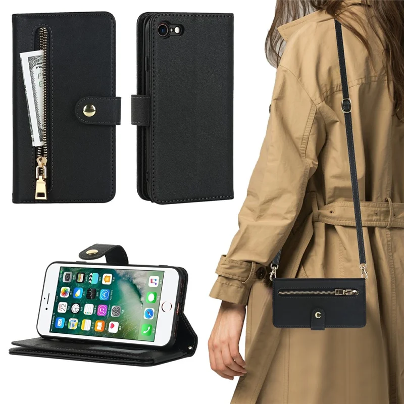 Ständer Hülle für iPhone SE (2022) / (2020) / 8 / 7 PU-Leder Handyhülle mit Trageband / Reißverschluss Geldbörse / Mehrere Kartenfächer - Schwarz