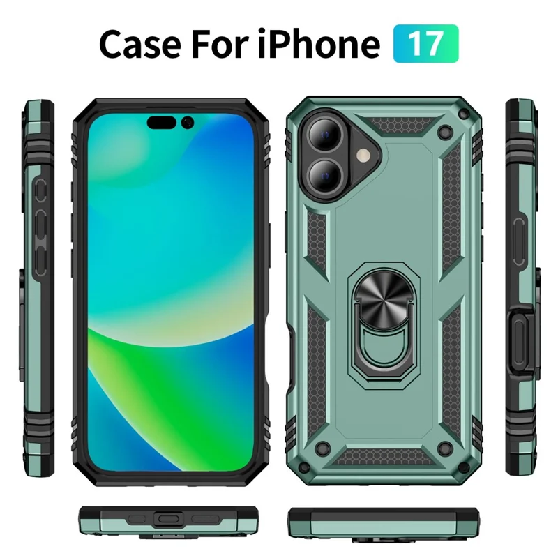For iPhone 17 Case PC + TPU Phone Cover with Kickstand - Blackish Green