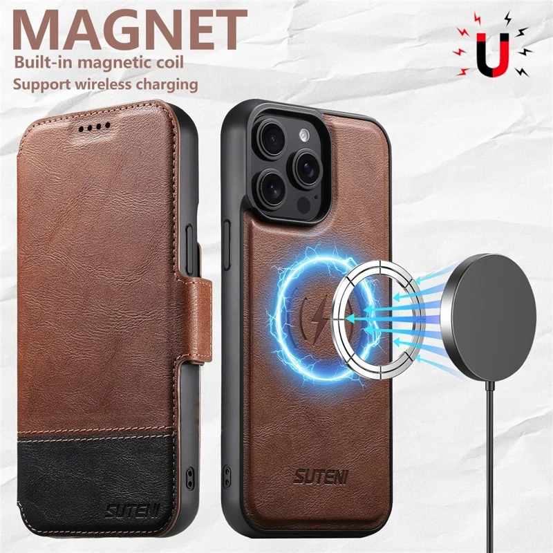 SUTENI Q-06 Custodia iPhone 16 Pro Max Colore Effetto Splatter Magnetica Staccabile Pelle - Marrone