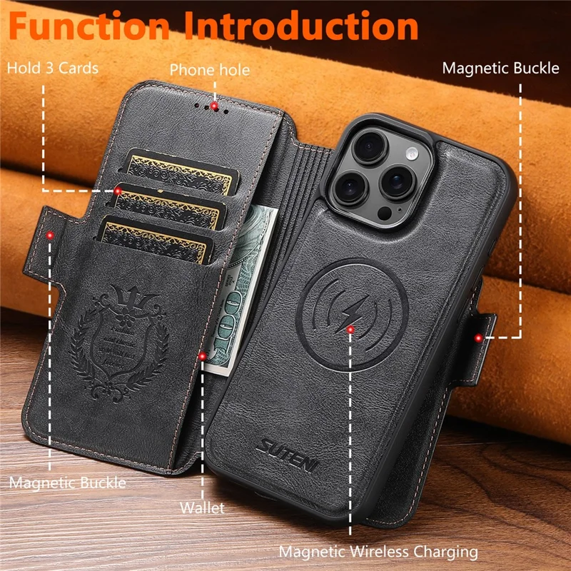 SUTENI Q-06 Cover per iPhone 16 Pro con Colore Spezzato Custodia in Pelle Magnetica Staccabile - Nero