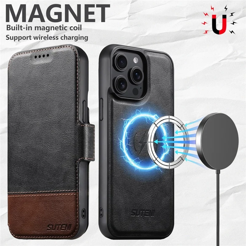 SUTENI Q-06 Cover per iPhone 16 Pro con Colore Spezzato Custodia in Pelle Magnetica Staccabile - Nero