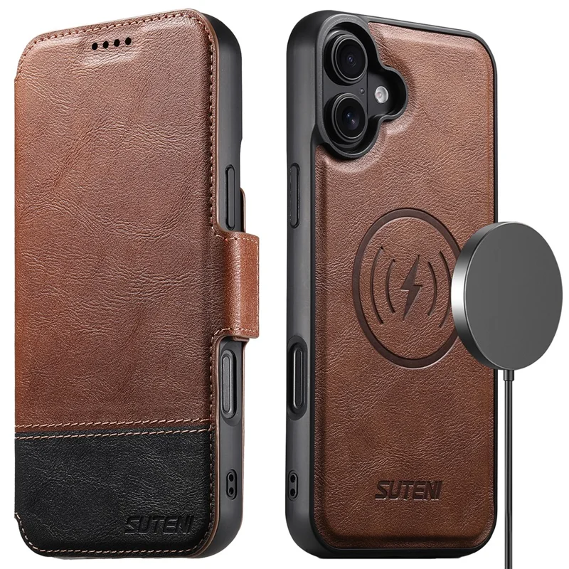 SUTENI Q-06 For iPhone 16 Case Color Splicing Magnetic Detachable Leather Phone Cover - Brown