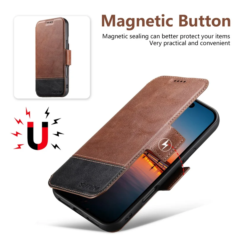 SUTENI Q-06 For iPhone 16 Case Color Splicing Magnetic Detachable Leather Phone Cover - Brown