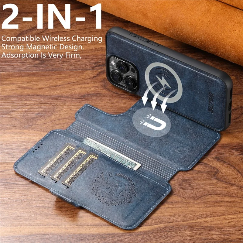 SUTENI Q-06 For iPhone 15 Pro Case Color Splicing Magnetic Detachable Leather Phone Cover - Blue