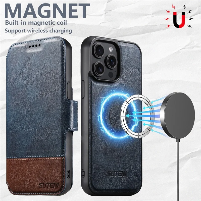 SUTENI Q-06 For iPhone 15 Pro Case Color Splicing Magnetic Detachable Leather Phone Cover - Blue