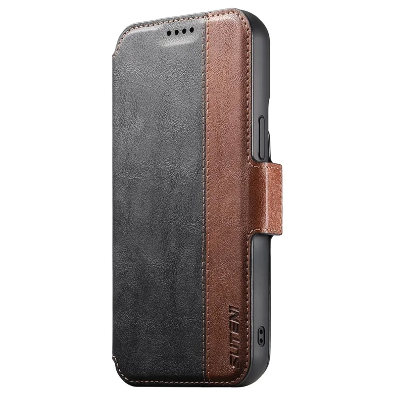 SUTENI Q-07 For iPhone 16 Pro Max Case Magnetic Color Splicing Cowhide Texture Leather Cover - Black