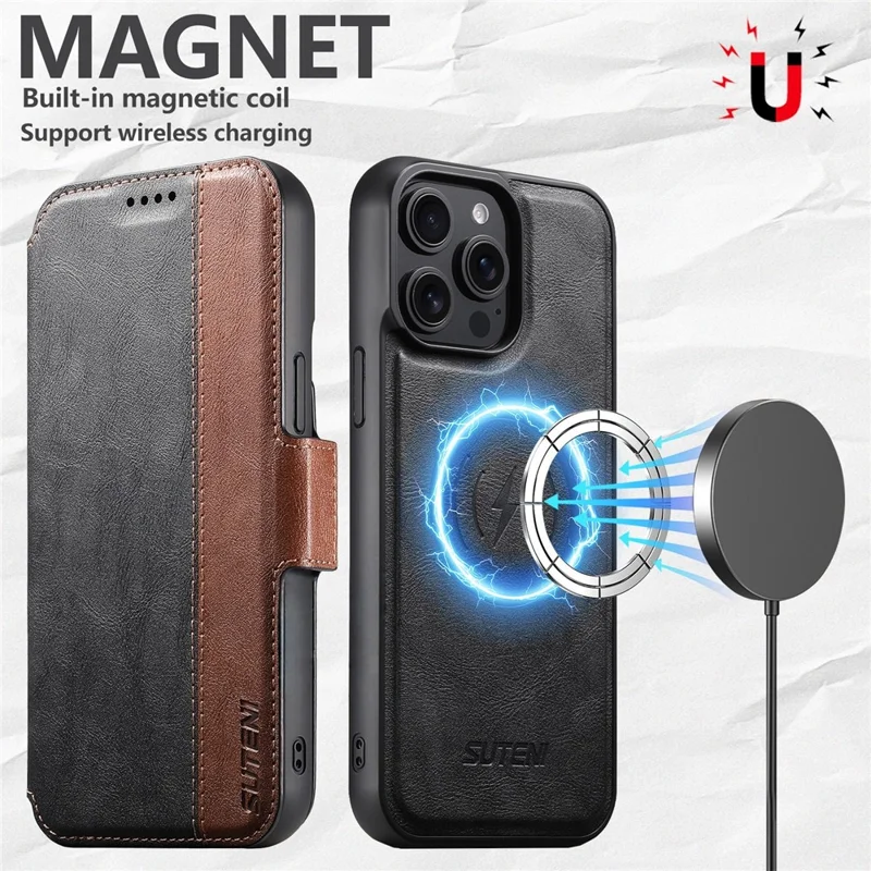SUTENI Q-07 For iPhone 16 Pro Max Case Magnetic Color Splicing Cowhide Texture Leather Cover - Black