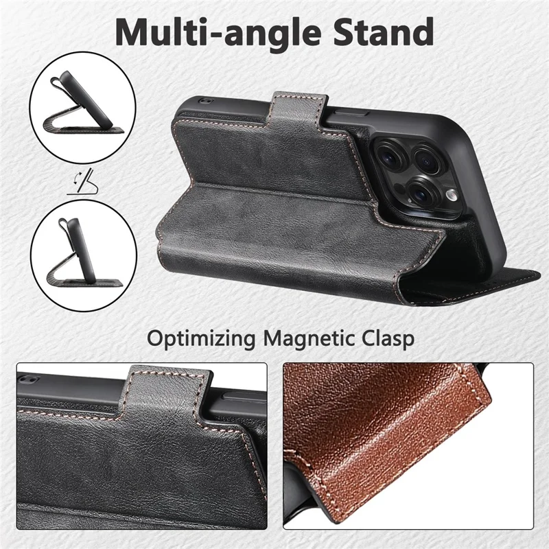 SUTENI Q-07 For iPhone 16 Pro Max Case Magnetic Color Splicing Cowhide Texture Leather Cover - Black