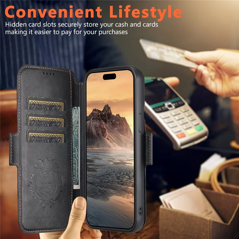SUTENI Q-07 For iPhone 16 Pro Max Case Magnetic Color Splicing Cowhide Texture Leather Cover - Black