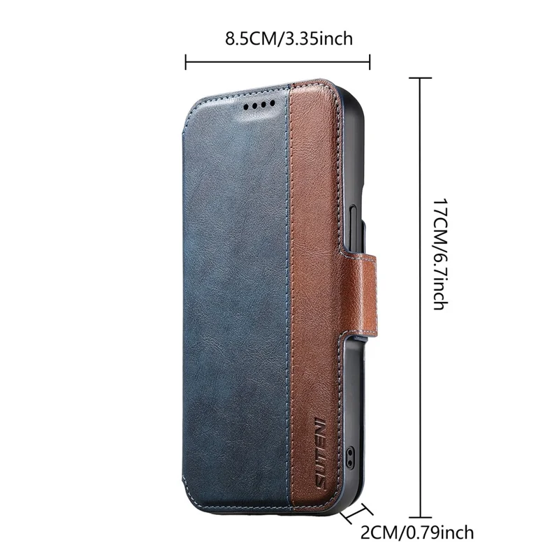SUTENI Q-07 For iPhone 16 Pro Case Magnetic Color Splicing Cowhide Texture Leather Cover - Blue