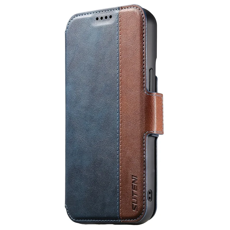 SUTENI Q-07 For iPhone 16 Pro Case Magnetic Color Splicing Cowhide Texture Leather Cover - Blue