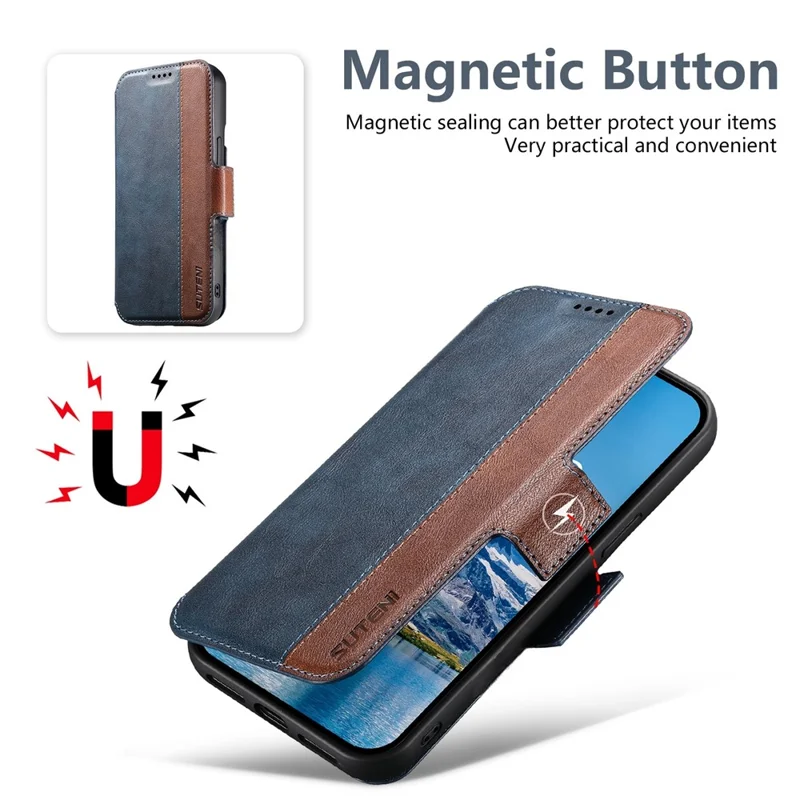 SUTENI Q-07 For iPhone 16 Pro Case Magnetic Color Splicing Cowhide Texture Leather Cover - Blue