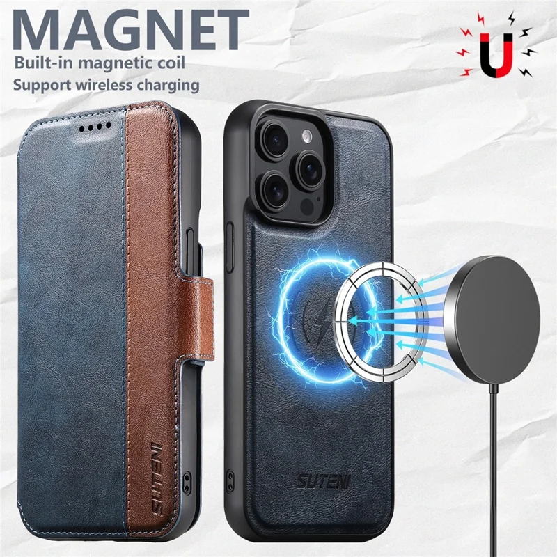 SUTENI Q-07 For iPhone 16 Pro Case Magnetic Color Splicing Cowhide Texture Leather Cover - Blue