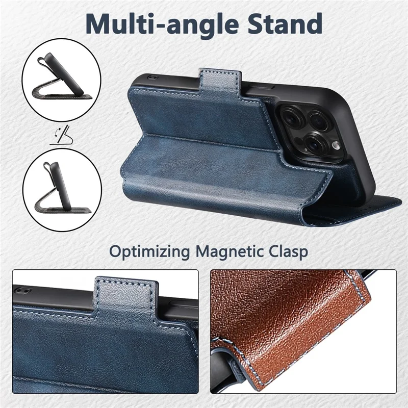 SUTENI Q-07 For iPhone 16 Pro Case Magnetic Color Splicing Cowhide Texture Leather Cover - Blue