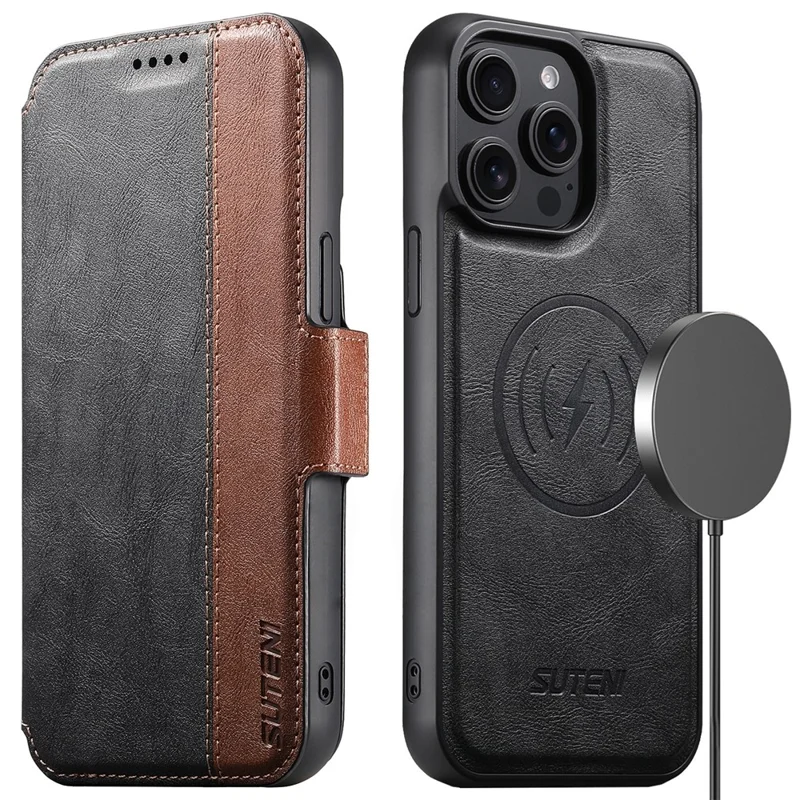 SUTENI Q-07 For iPhone 15 Pro Max Case Magnetic Color Splicing Cowhide Texture Leather Cover - Black