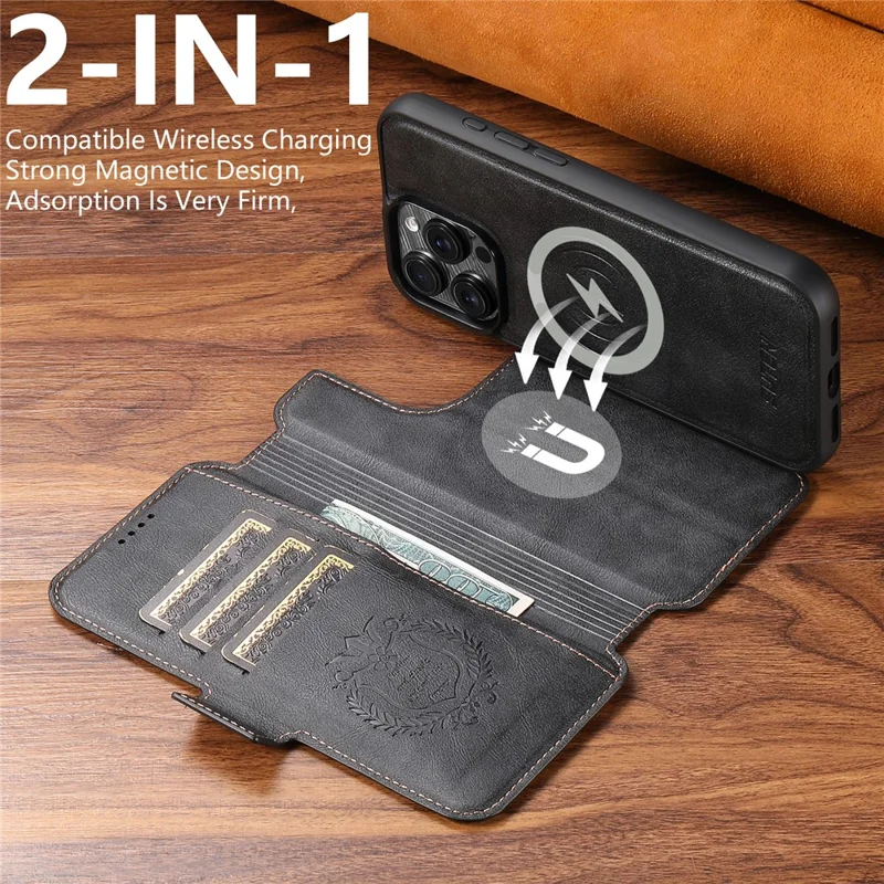 SUTENI Q-07 For iPhone 15 Pro Max Case Magnetic Color Splicing Cowhide Texture Leather Cover - Black
