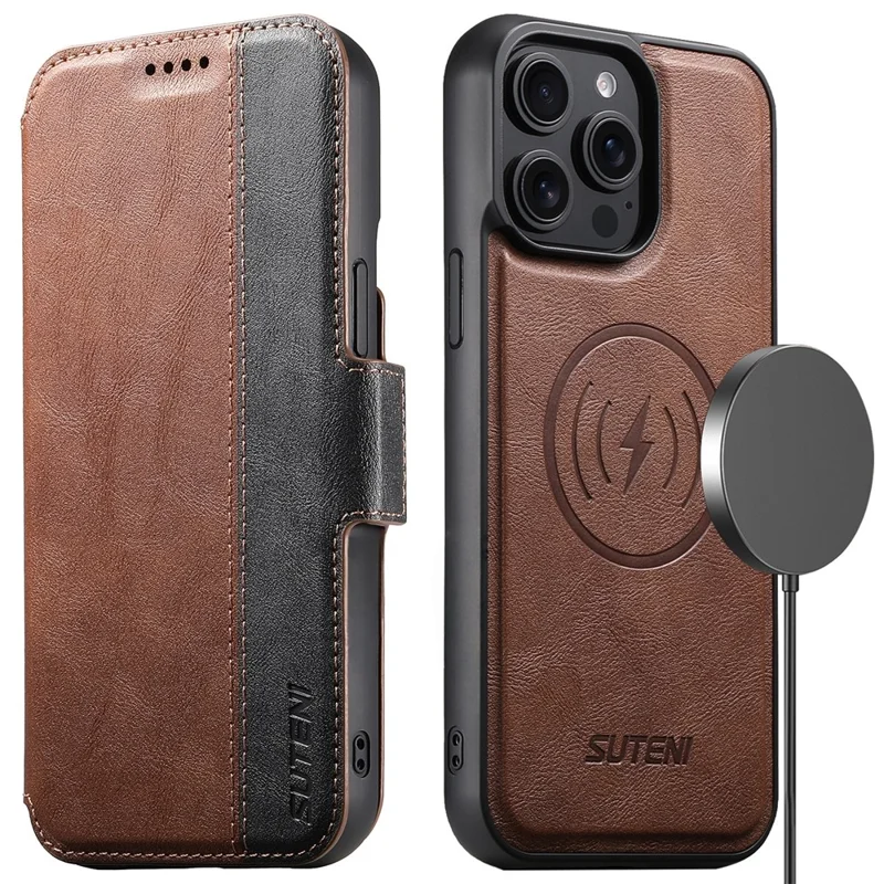 SUTENI Q-07 per iPhone 15 Pro Cover Magnetico con Inserti a Colori in Pelle di Vacchetta - Marrone