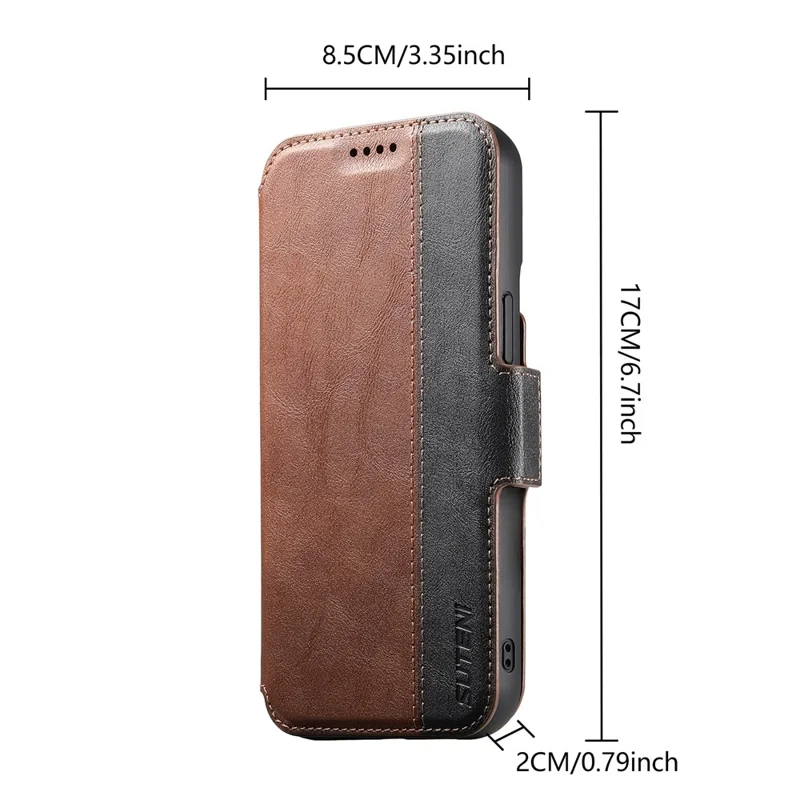 SUTENI Q-07 per iPhone 15 Pro Cover Magnetico con Inserti a Colori in Pelle di Vacchetta - Marrone