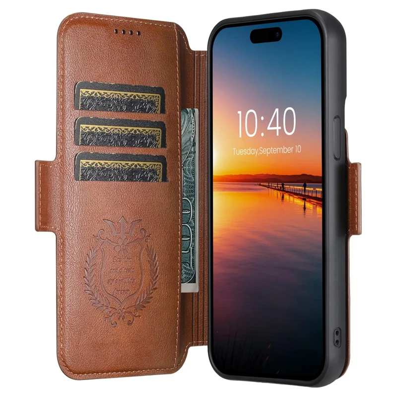 SUTENI Q-07 per iPhone 15 Pro Cover Magnetico con Inserti a Colori in Pelle di Vacchetta - Marrone