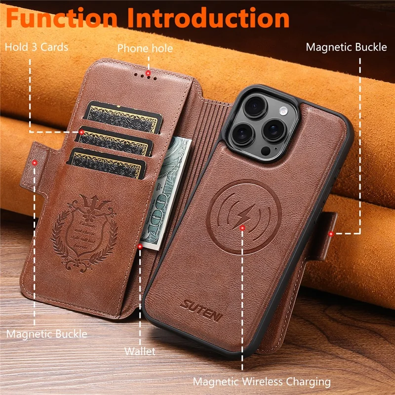 SUTENI Q-07 per iPhone 15 Pro Cover Magnetico con Inserti a Colori in Pelle di Vacchetta - Marrone