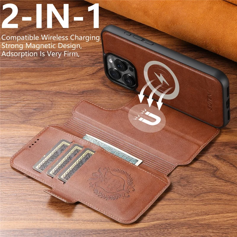 SUTENI Q-07 per iPhone 15 Pro Cover Magnetico con Inserti a Colori in Pelle di Vacchetta - Marrone
