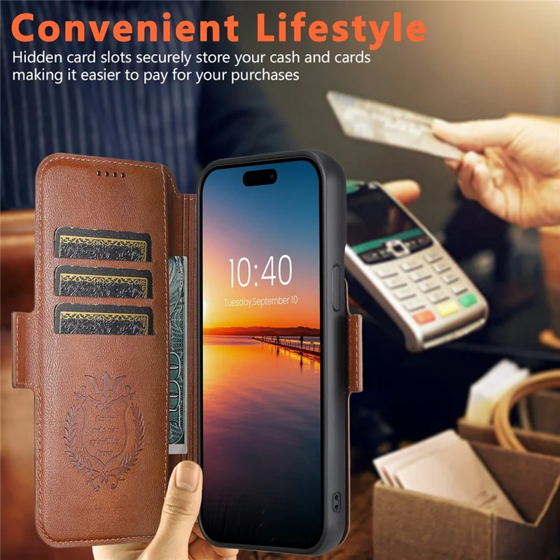 SUTENI Q-07 per iPhone 15 Pro Cover Magnetico con Inserti a Colori in Pelle di Vacchetta - Marrone