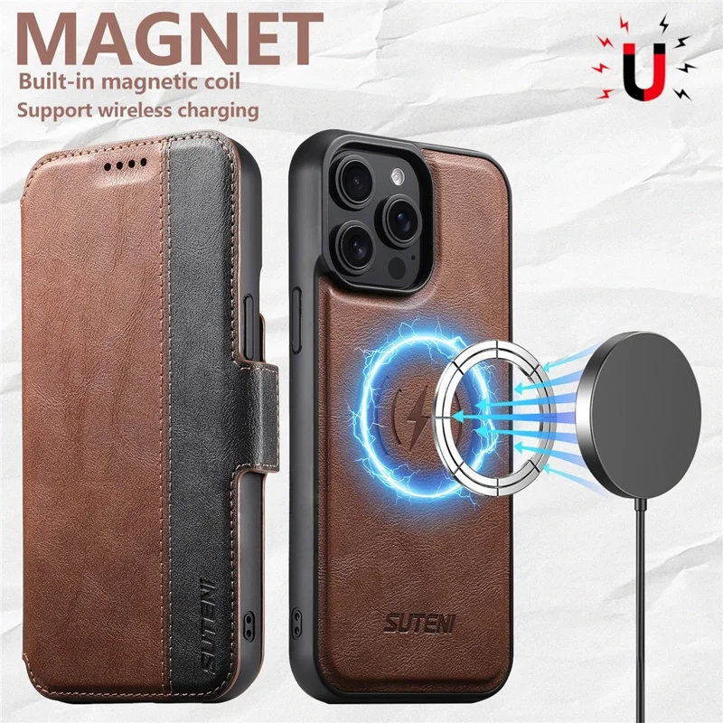 SUTENI Q-07 per iPhone 15 Pro Cover Magnetico con Inserti a Colori in Pelle di Vacchetta - Marrone