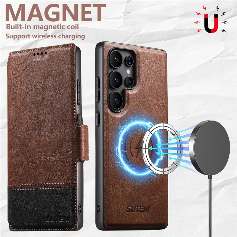 SUTENI Q-06 For Samsung Galaxy S24 Ultra Case Color Splicing Magnetic Detachable Leather Phone Cover - Brown