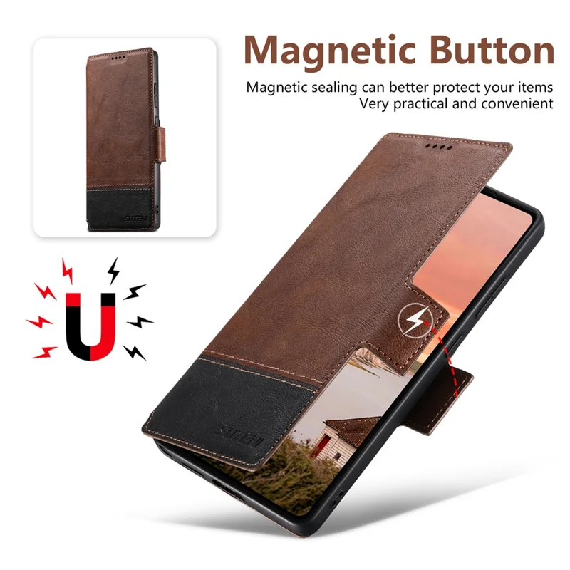 SUTENI Q-06 For Samsung Galaxy S24 Ultra Case Color Splicing Magnetic Detachable Leather Phone Cover - Brown