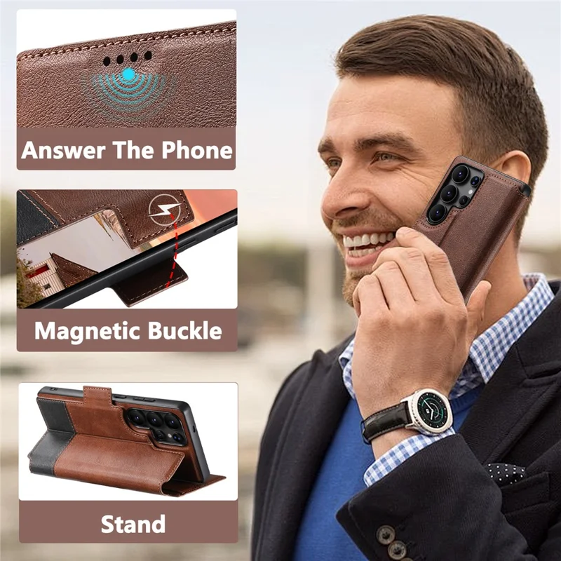 SUTENI Q-06 For Samsung Galaxy S24 Ultra Case Color Splicing Magnetic Detachable Leather Phone Cover - Brown