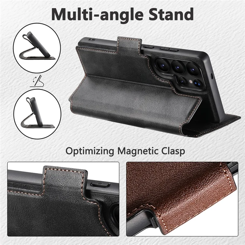 SUTENI Q-07 For Samsung Galaxy S25 Ultra Case Magnetic Color Splicing Cowhide Texture Leather Cover - Black