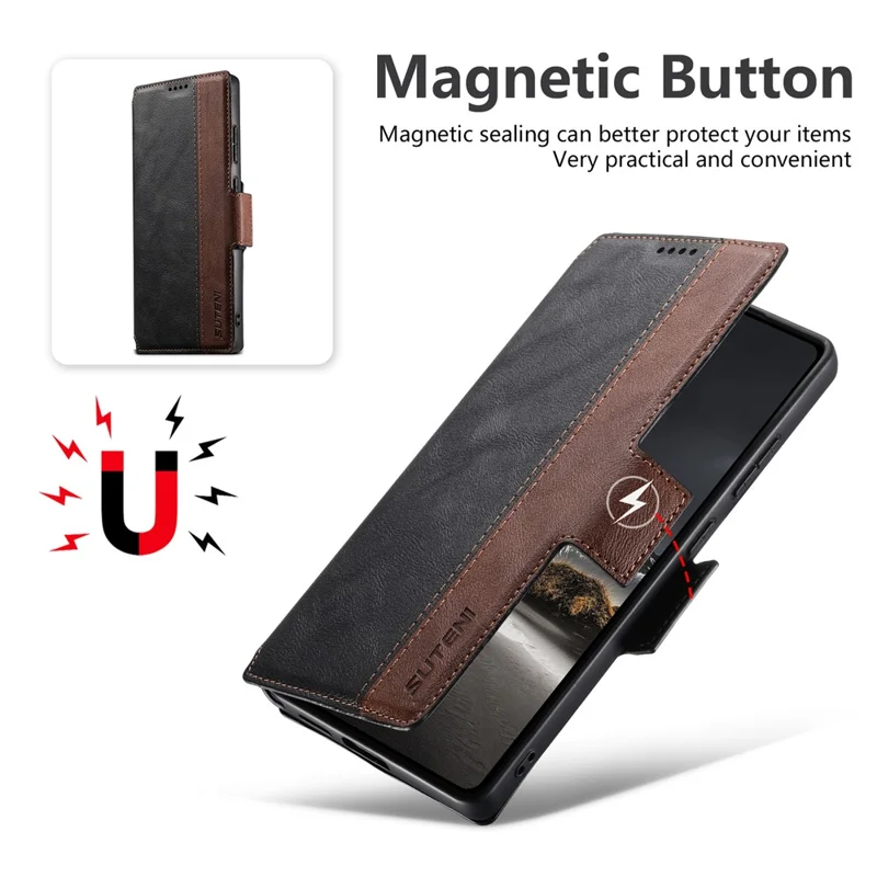 SUTENI Q-07 For Samsung Galaxy S25 Ultra Case Magnetic Color Splicing Cowhide Texture Leather Cover - Black