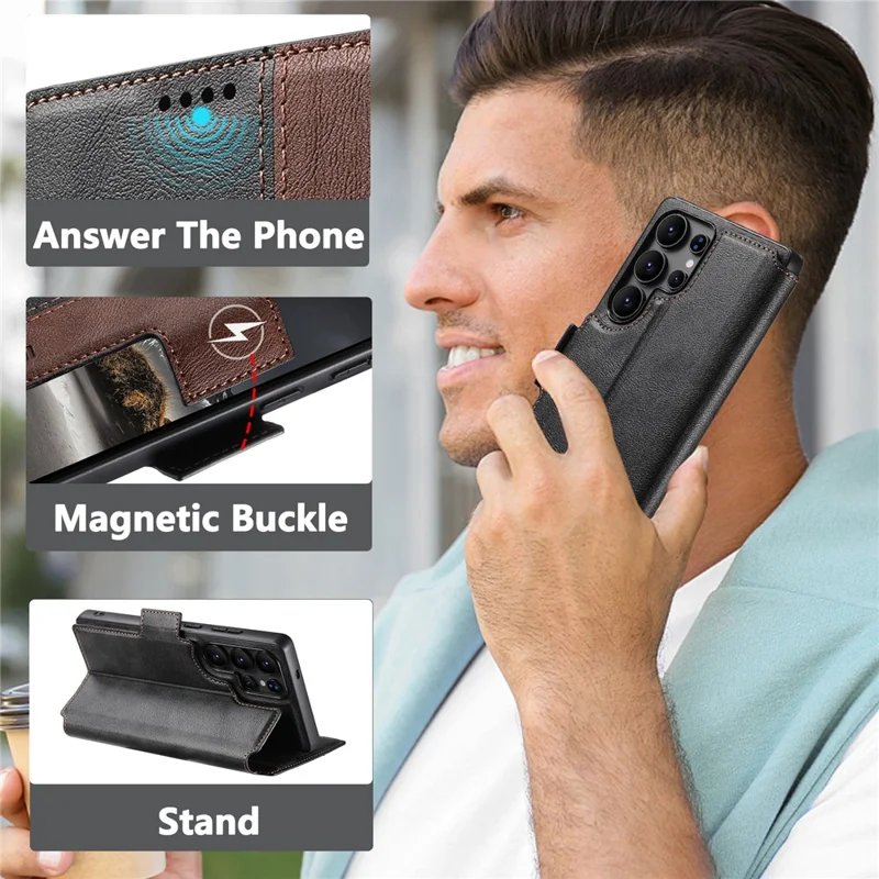 SUTENI Q-07 For Samsung Galaxy S25 Ultra Case Magnetic Color Splicing Cowhide Texture Leather Cover - Black