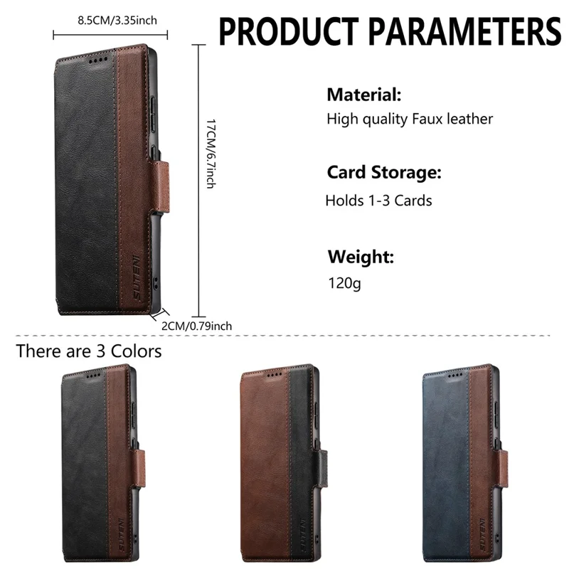 SUTENI Q-07 For Samsung Galaxy S25 Ultra Case Magnetic Color Splicing Cowhide Texture Leather Cover - Black