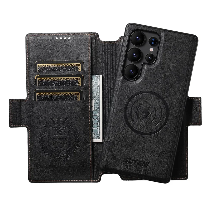 SUTENI Q-07 For Samsung Galaxy S25 Ultra Case Magnetic Color Splicing Cowhide Texture Leather Cover - Black