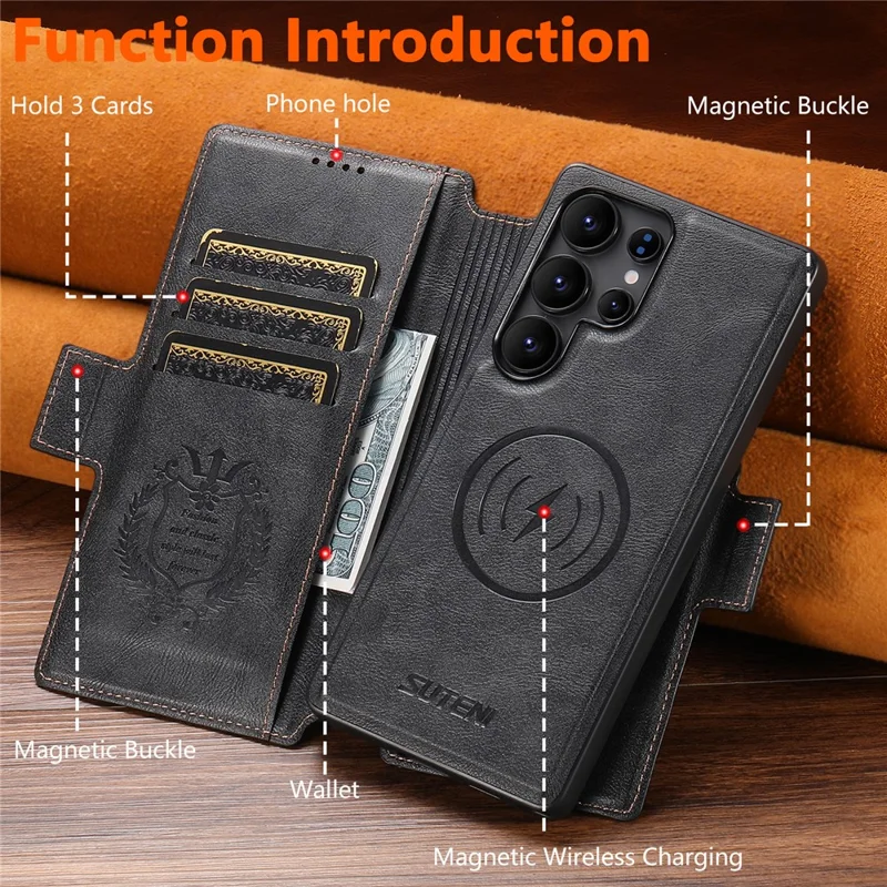 SUTENI Q-07 For Samsung Galaxy S25 Ultra Case Magnetic Color Splicing Cowhide Texture Leather Cover - Black