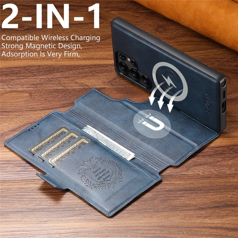 SUTENI Q-07 For Samsung Galaxy S23 Ultra Case Magnetic Color Splicing Cowhide Texture Leather Cover - Blue
