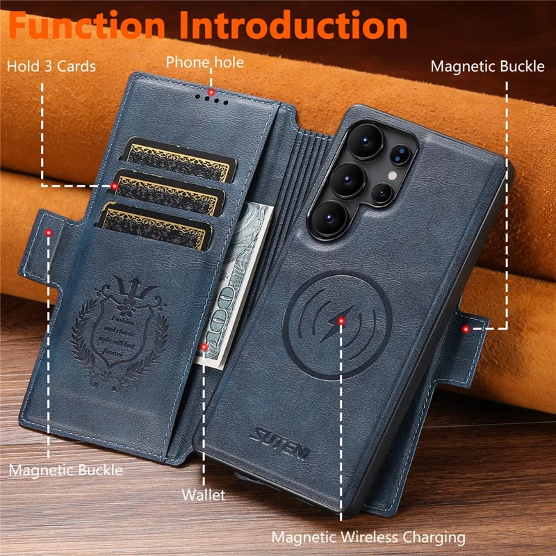 SUTENI Q-07 For Samsung Galaxy S23 Ultra Case Magnetic Color Splicing Cowhide Texture Leather Cover - Blue