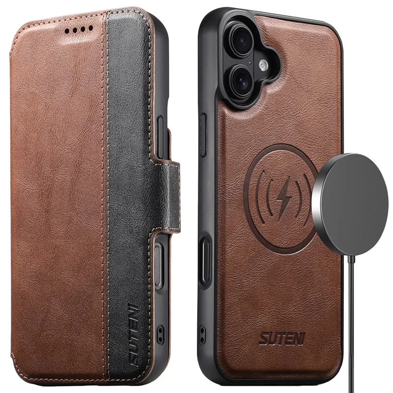 SUTENI Q-07 For iPhone 16 Case Magnetic Color Splicing Cowhide Texture Leather Cover - Brown