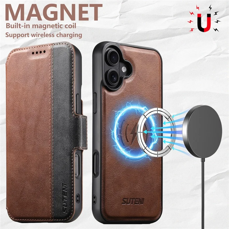 SUTENI Q-07 For iPhone 16 Case Magnetic Color Splicing Cowhide Texture Leather Cover - Brown