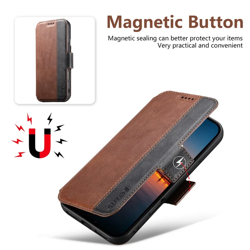 SUTENI Q-07 For iPhone 16 Case Magnetic Color Splicing Cowhide Texture Leather Cover - Brown