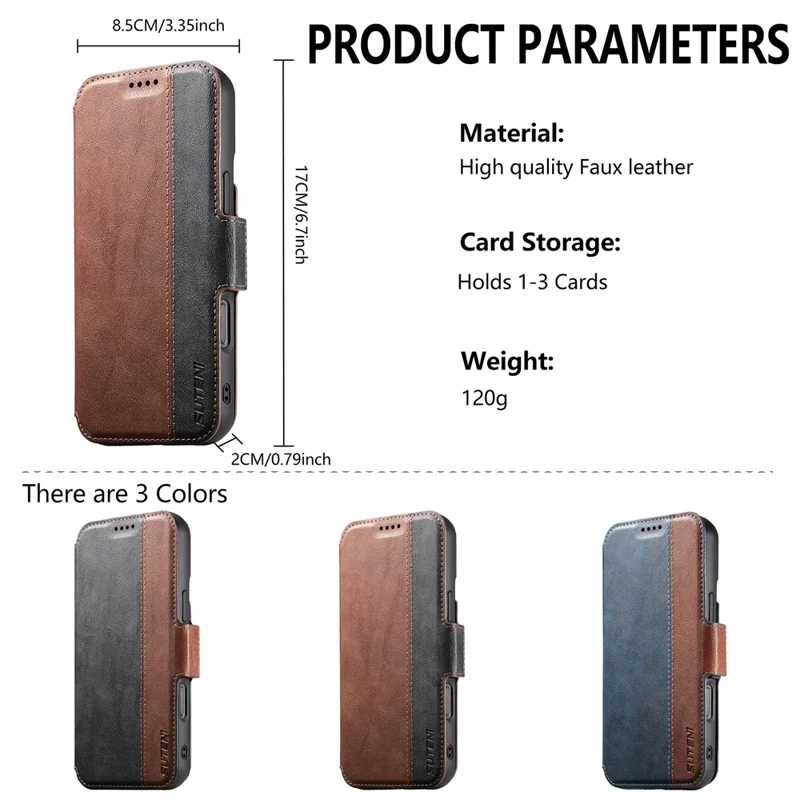 SUTENI Q-07 For iPhone 16 Case Magnetic Color Splicing Cowhide Texture Leather Cover - Brown