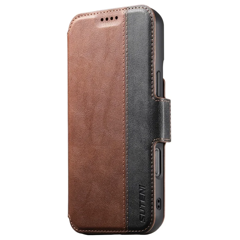 SUTENI Q-07 For iPhone 16 Case Magnetic Color Splicing Cowhide Texture Leather Cover - Brown