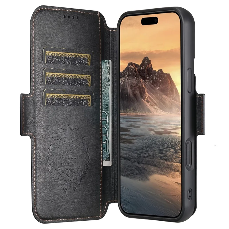 SUTENI Q-07 For iPhone 16 Plus Case Magnetic Color Splicing Cowhide Texture Leather Cover - Black