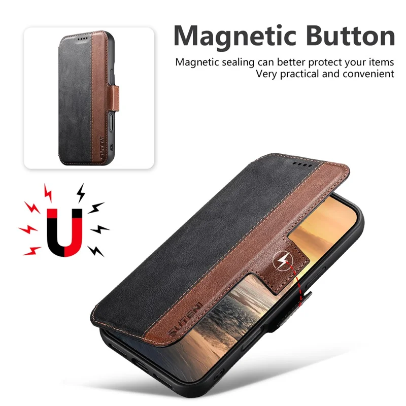 SUTENI Q-07 For iPhone 16 Plus Case Magnetic Color Splicing Cowhide Texture Leather Cover - Black