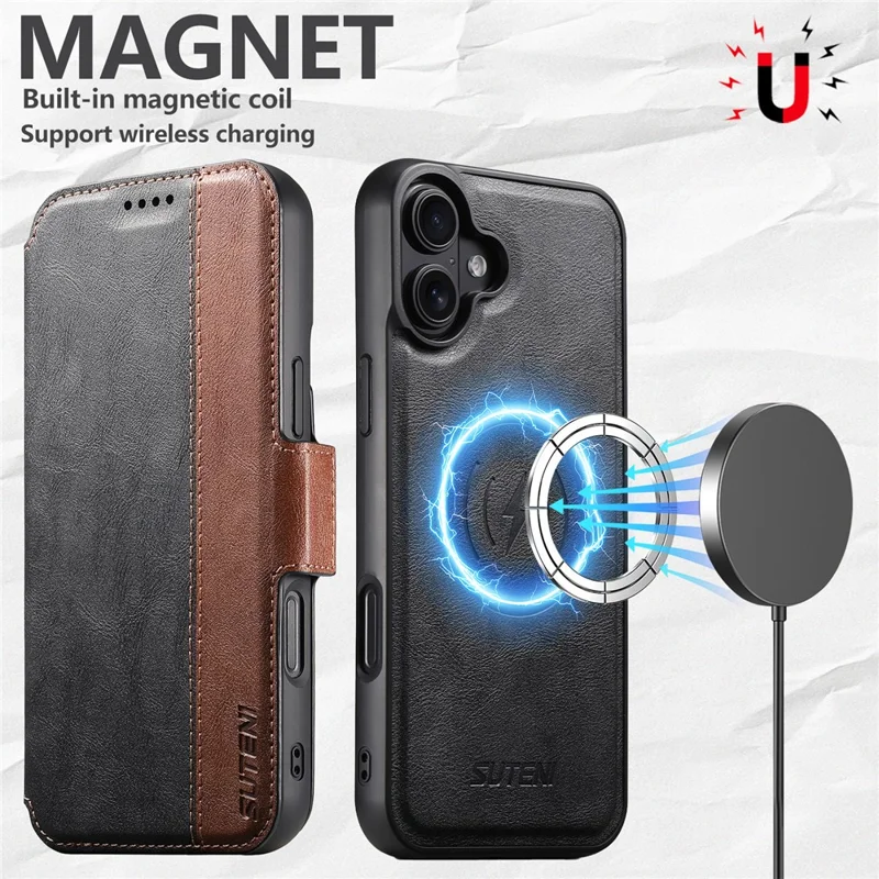 SUTENI Q-07 For iPhone 16 Plus Case Magnetic Color Splicing Cowhide Texture Leather Cover - Black