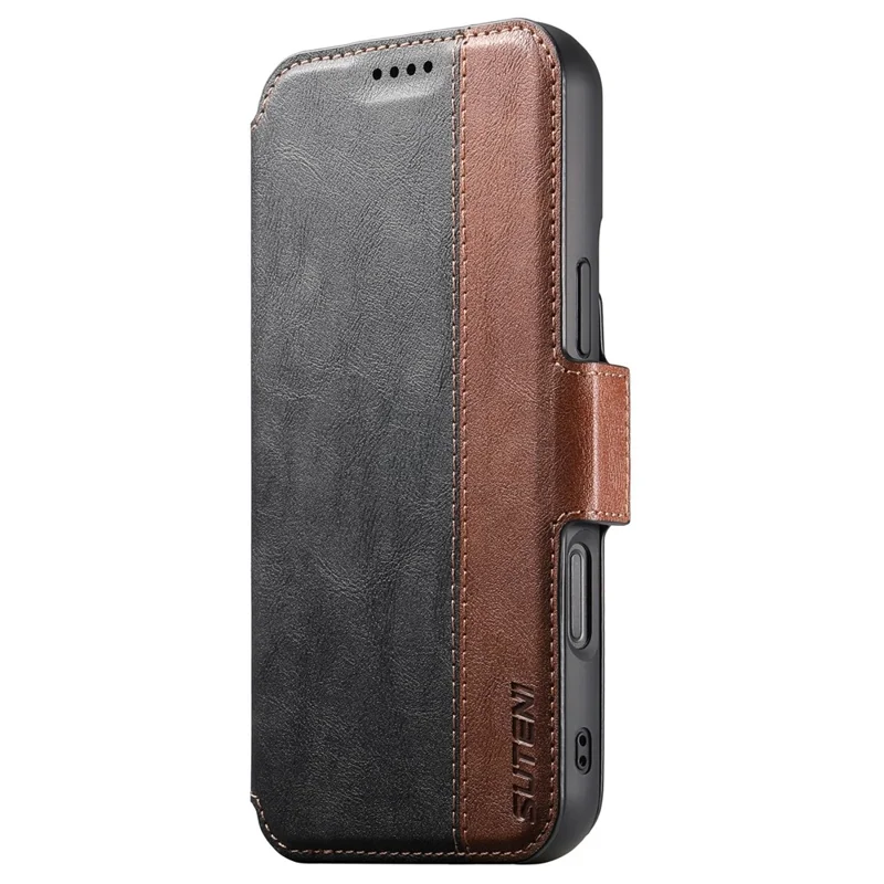 SUTENI Q-07 For iPhone 16 Plus Case Magnetic Color Splicing Cowhide Texture Leather Cover - Black